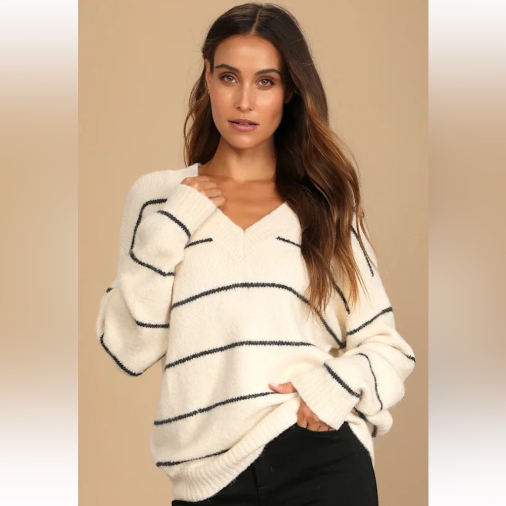 Lulus get a little cozier cream striped vneck sweater